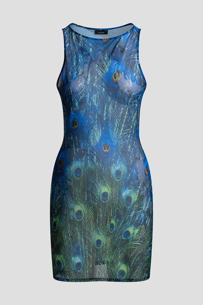 Natori Peacock Mesh Mini Dress