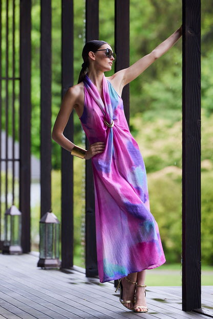 Natori Watercolor Sheer Texture Halter Maxi Dress