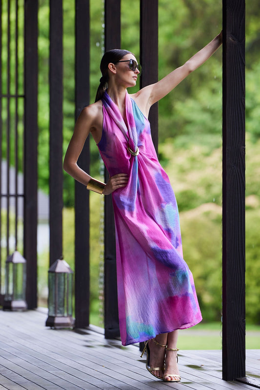 Natori Watercolor Sheer Texture Halter Maxi Dress
