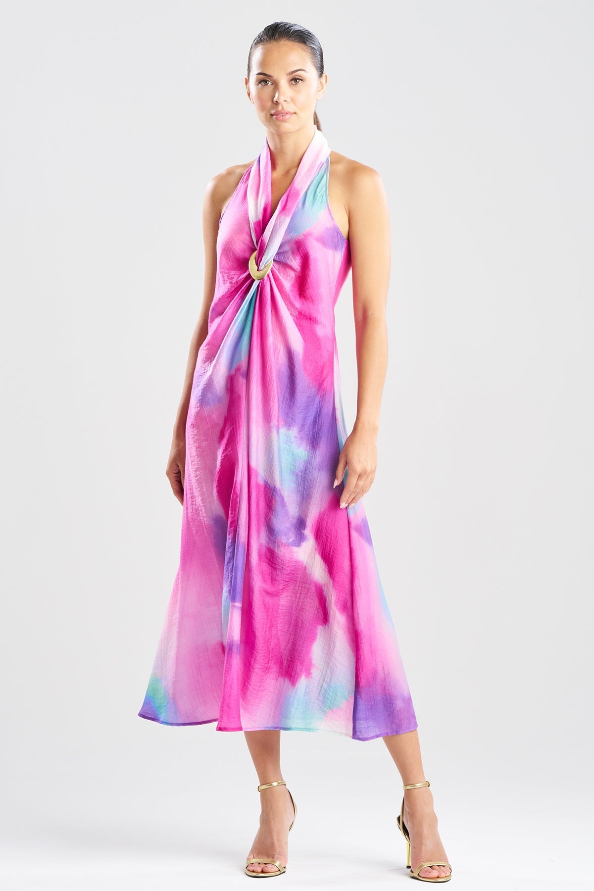 Natori Watercolor Sheer Texture Halter Maxi Dress