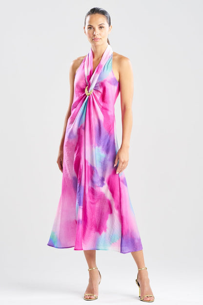Natori Watercolor Sheer Texture Halter Maxi Dress