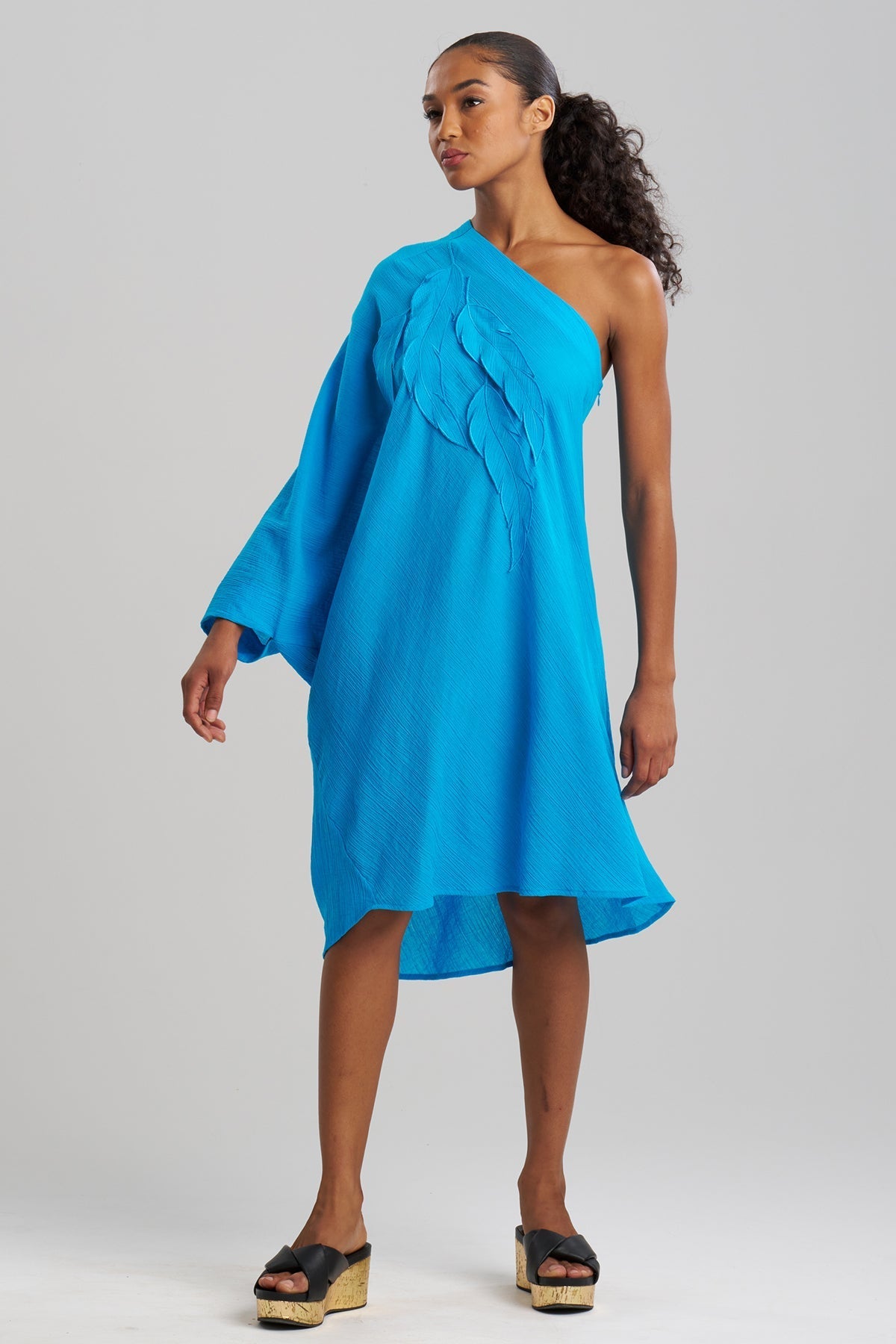 Natori Cotton Gauze Applique One Shoulder Dress
