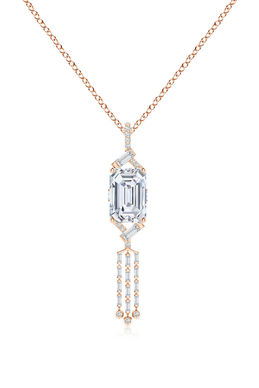 Natori Buy Orient Express Lab-Grown 14K Gold Emerald Cut & Baguette Diamond Tassel Drop Pendant Necklace in 14K Rose Gold Online