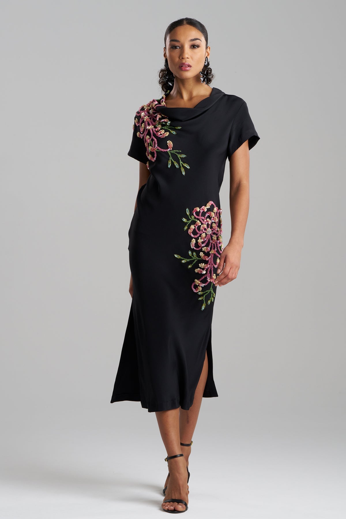 Natori Couture Silk Crepe Embellished Column Dress