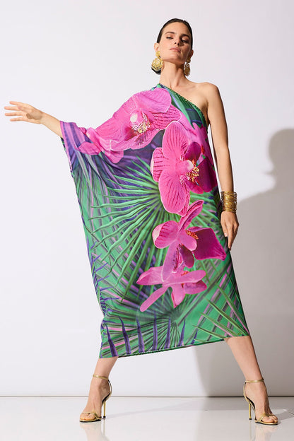 Natori Orchid Silk Cotton Voile One Shoulder Beaded Caftan