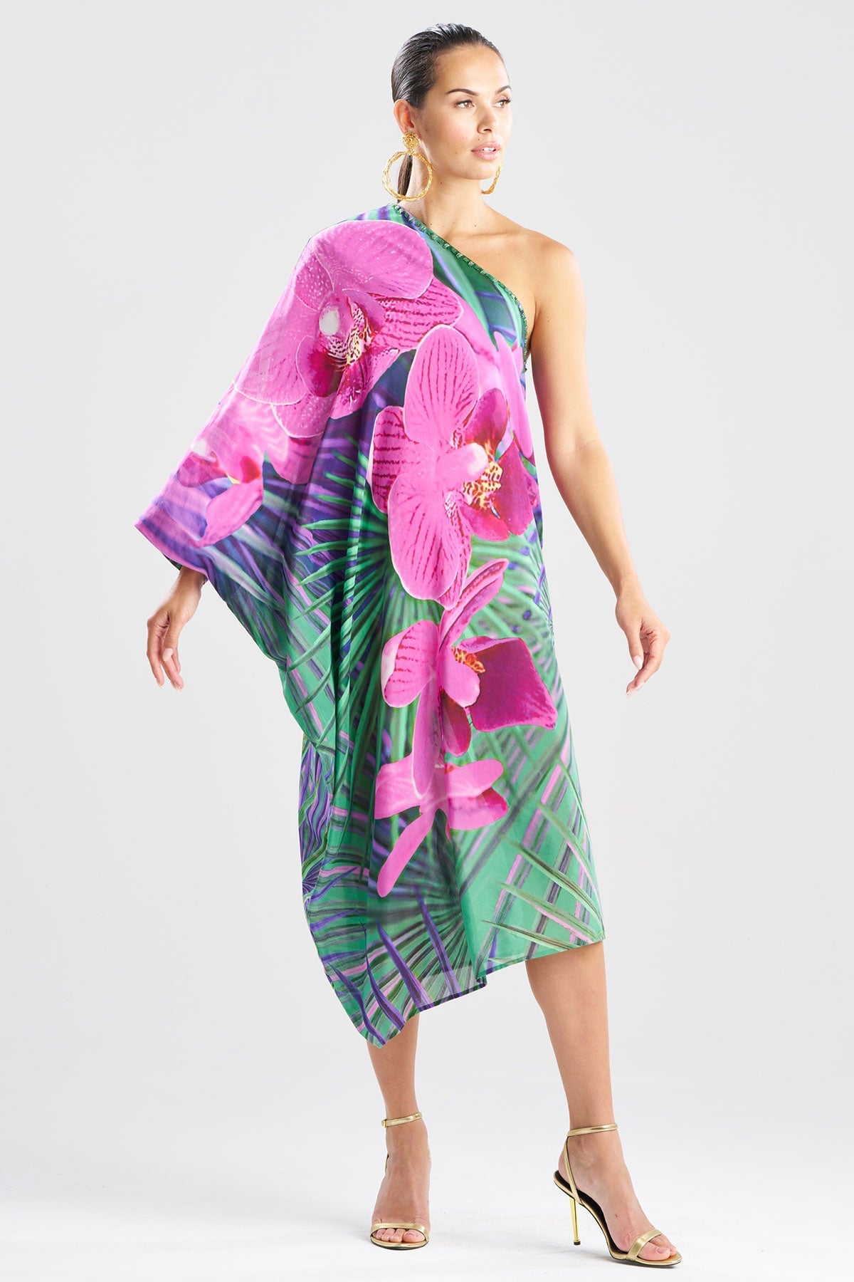 Natori Orchid Silk Cotton Voile One Shoulder Beaded Caftan