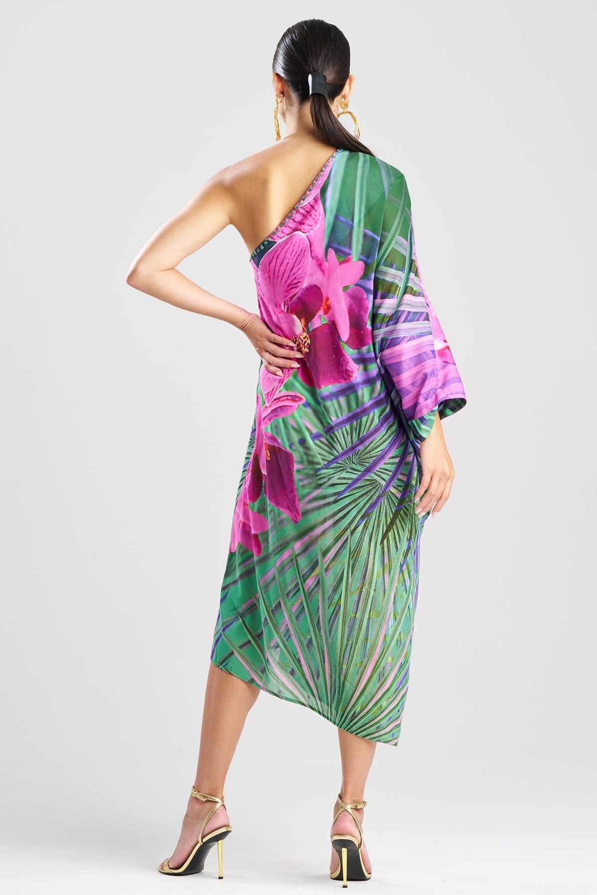 Natori Orchid Silk Cotton Voile One Shoulder Beaded Caftan