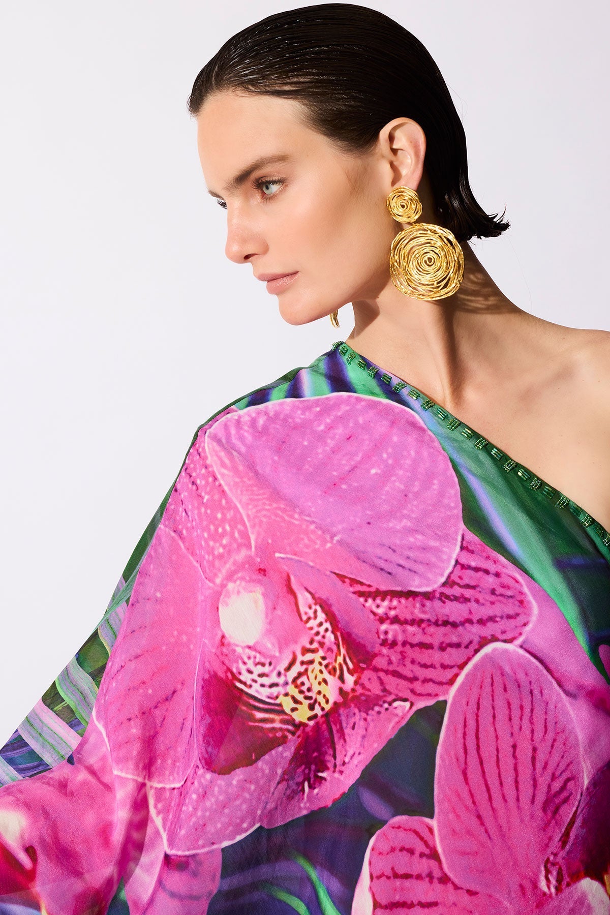 Natori Orchid Silk Cotton Voile One Shoulder Beaded Caftan