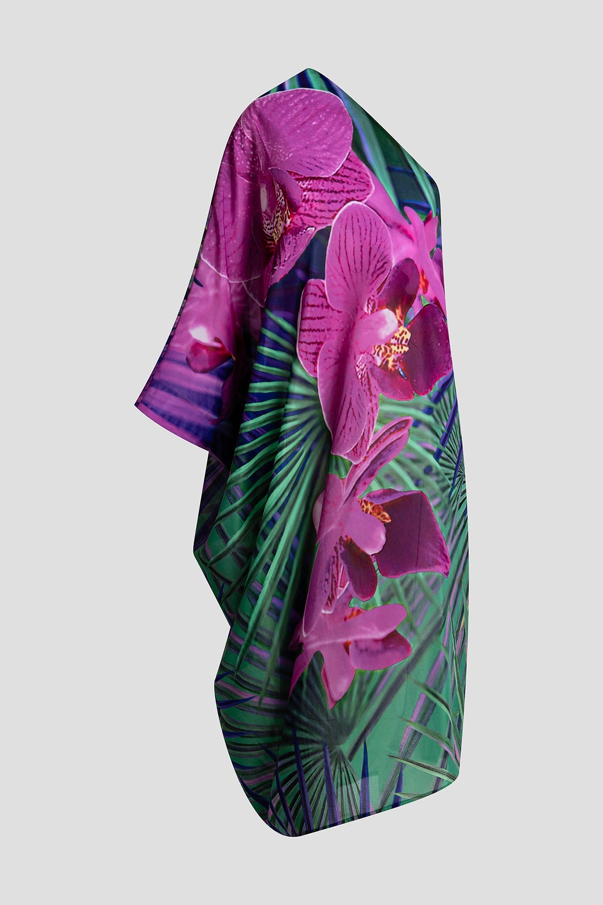 Natori Orchid Silk Cotton Voile One Shoulder Beaded Caftan