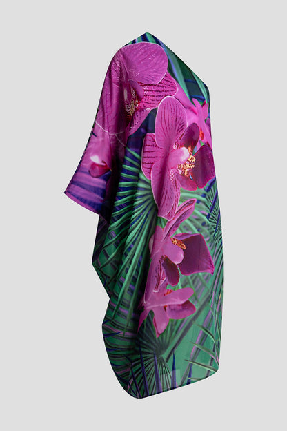 Natori Orchid Silk Cotton Voile One Shoulder Beaded Caftan