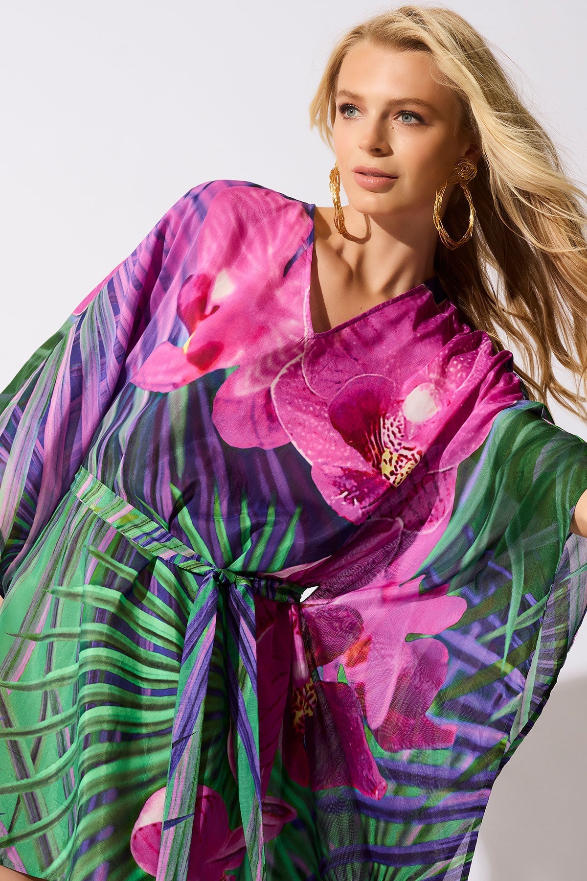 Natori Orchid Silk Cotton Voile Short Caftan