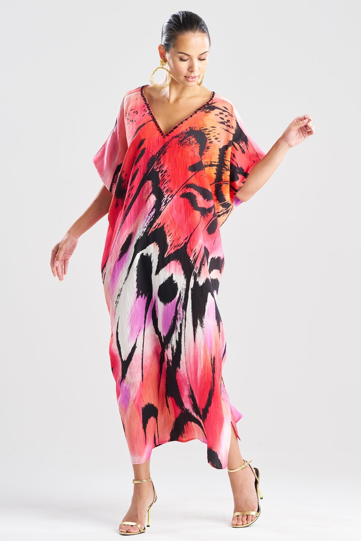Natori Butterfly Linen Blend Beaded Caftan