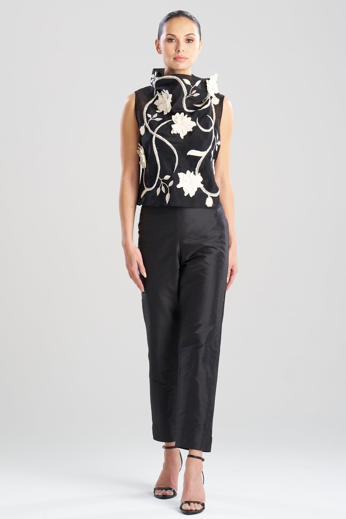 Natori Couture Silk Organza Embellished Funnel Neck Top