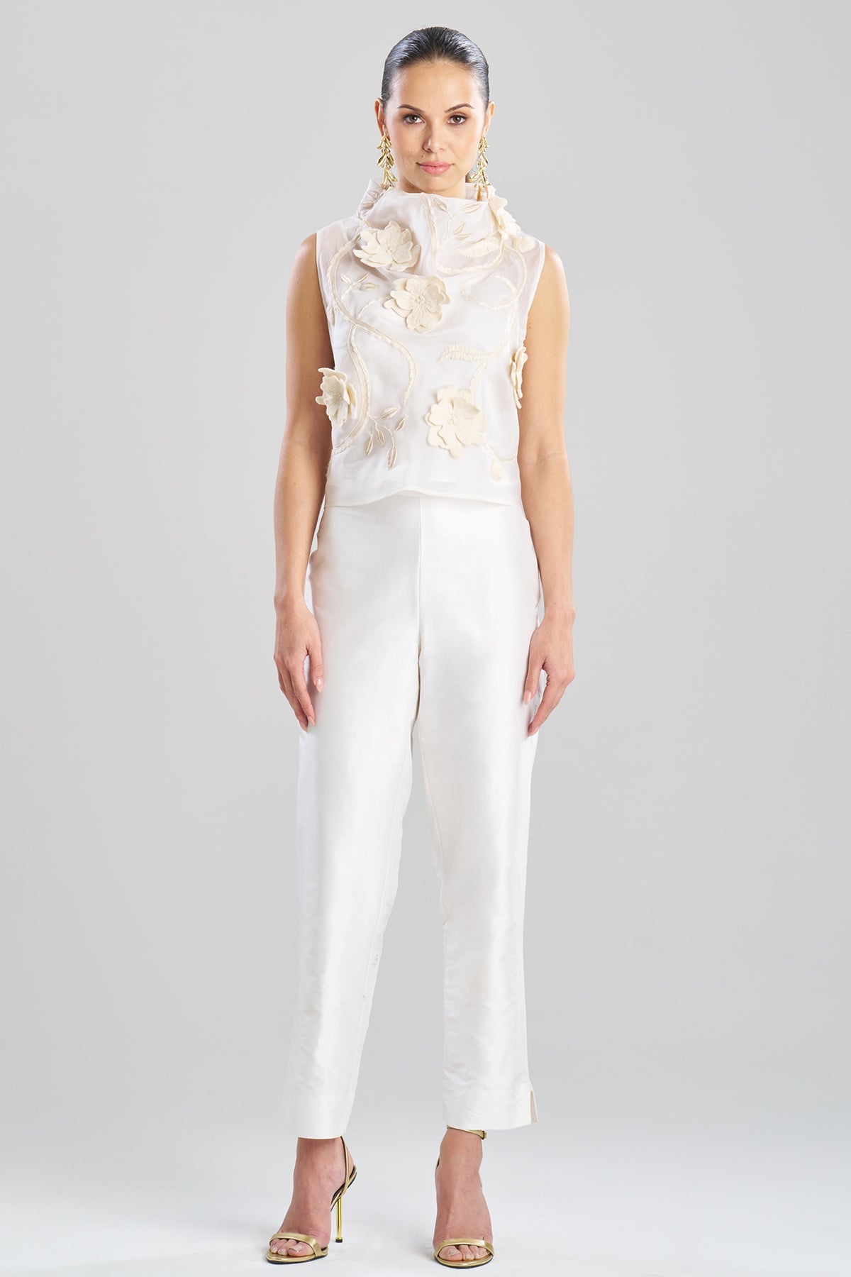 Natori Couture Silk Organza Embellished Funnel Neck Top