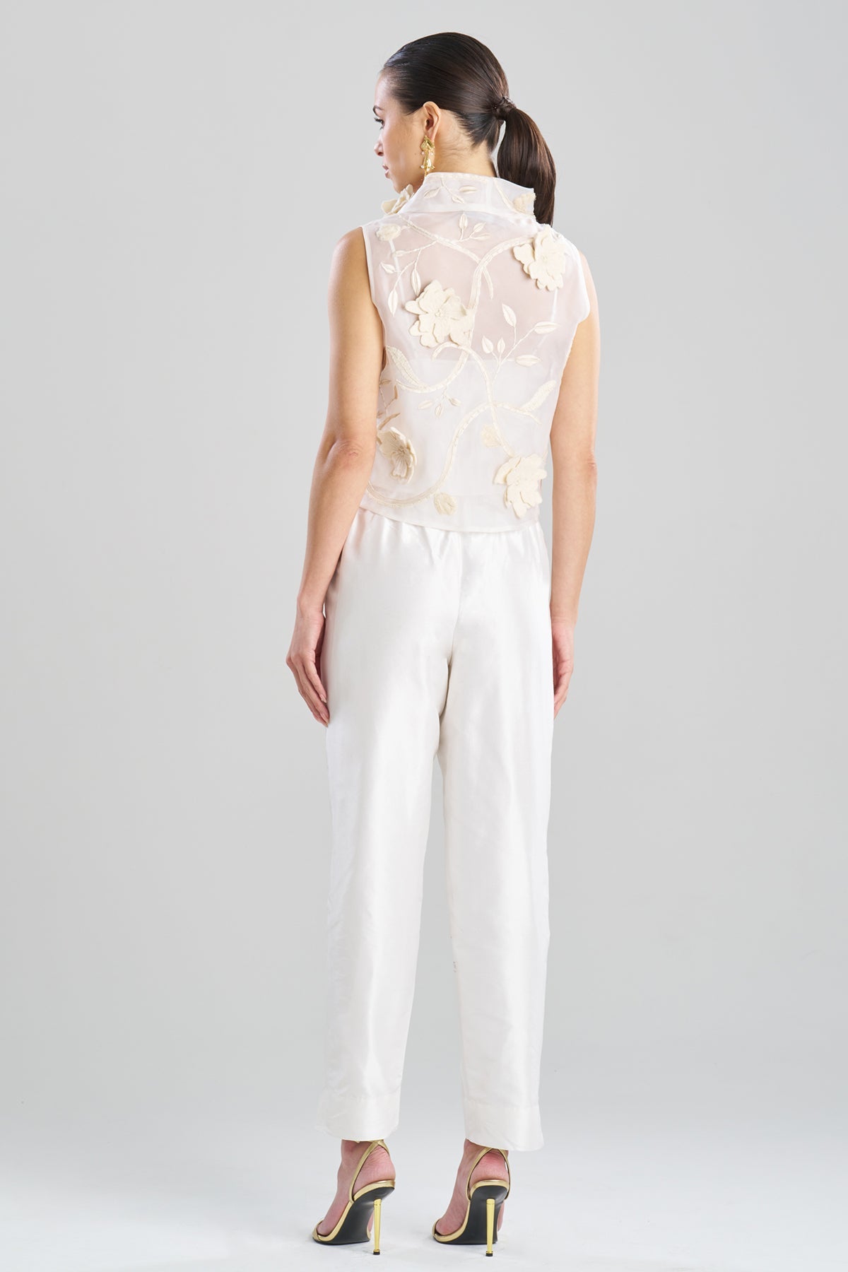 Natori Couture Silk Organza Embellished Funnel Neck Top