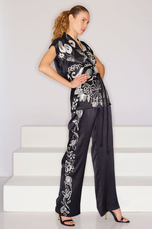 Natori Couture Nouveau Embroidered Silk Pants