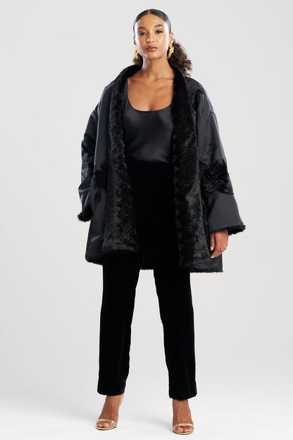 Natori Couture Duchess Satin Embroidered Fur Coat