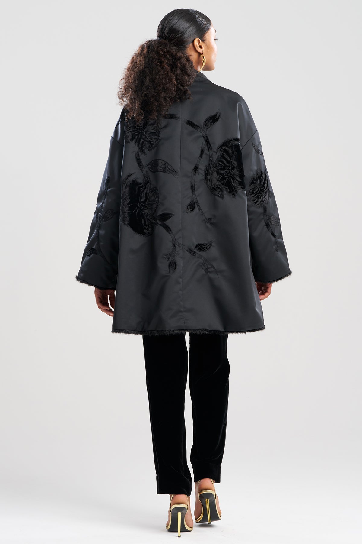 Natori Couture Duchess Satin Embroidered Fur Coat