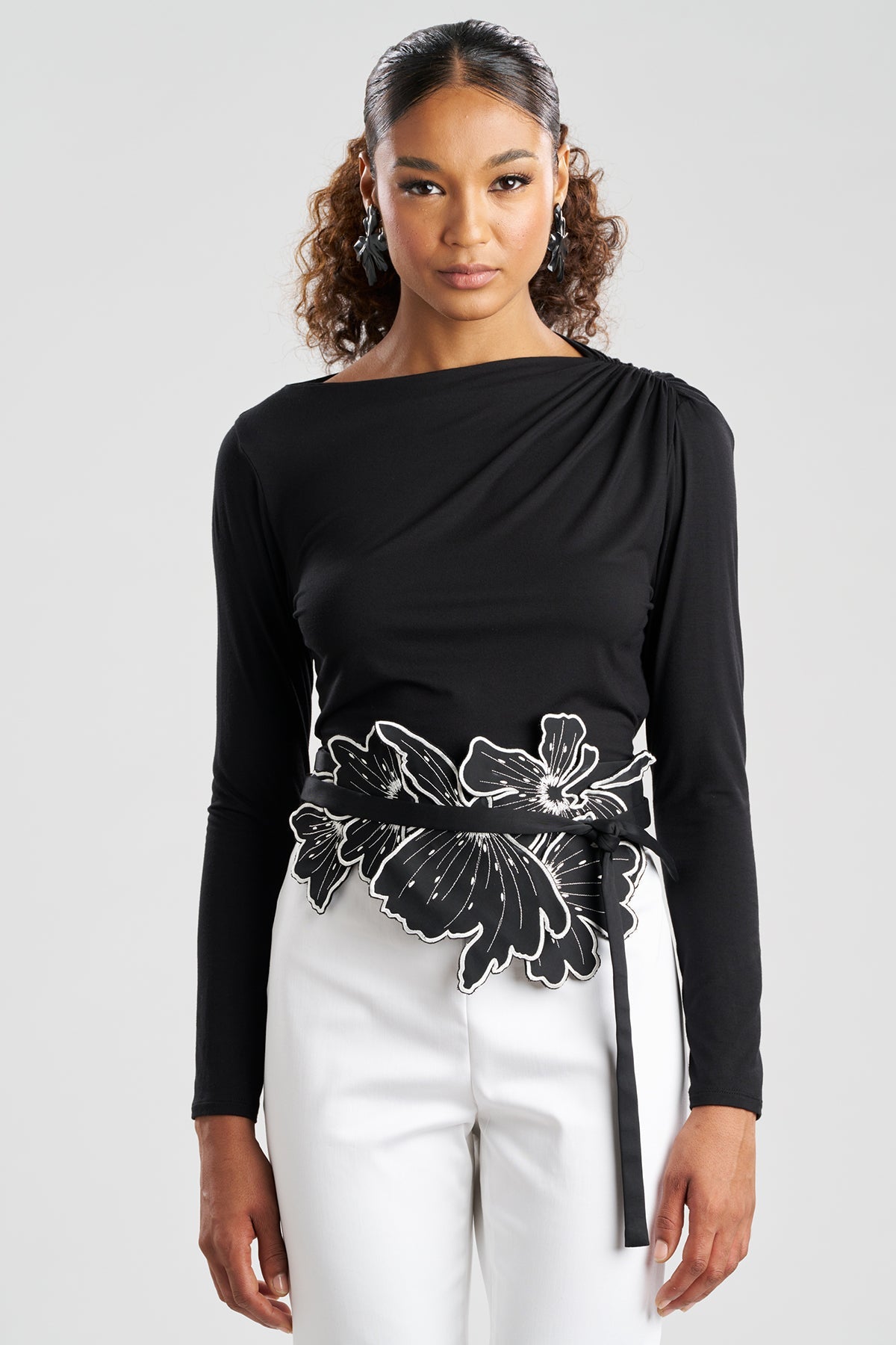 Natori Cotton Chino Embroidered Floral Obi Belt