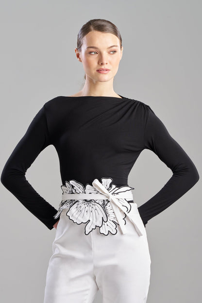 Natori Cotton Chino Embroidered Floral Obi Belt