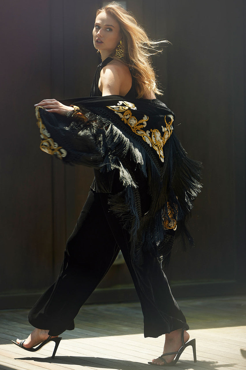 Natori Buy Silk Dupioni Embroidered Silk Fringe Shawl in Black Online