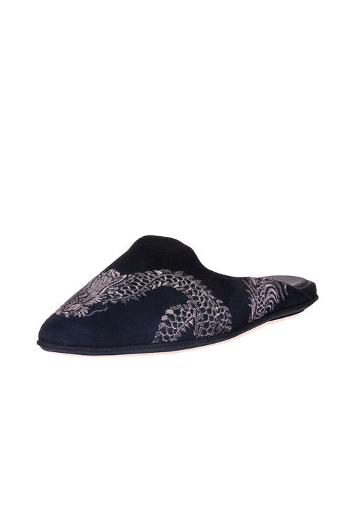 Natori Buy Image Suede Dragon Embroidery Slide in Black Suede Online