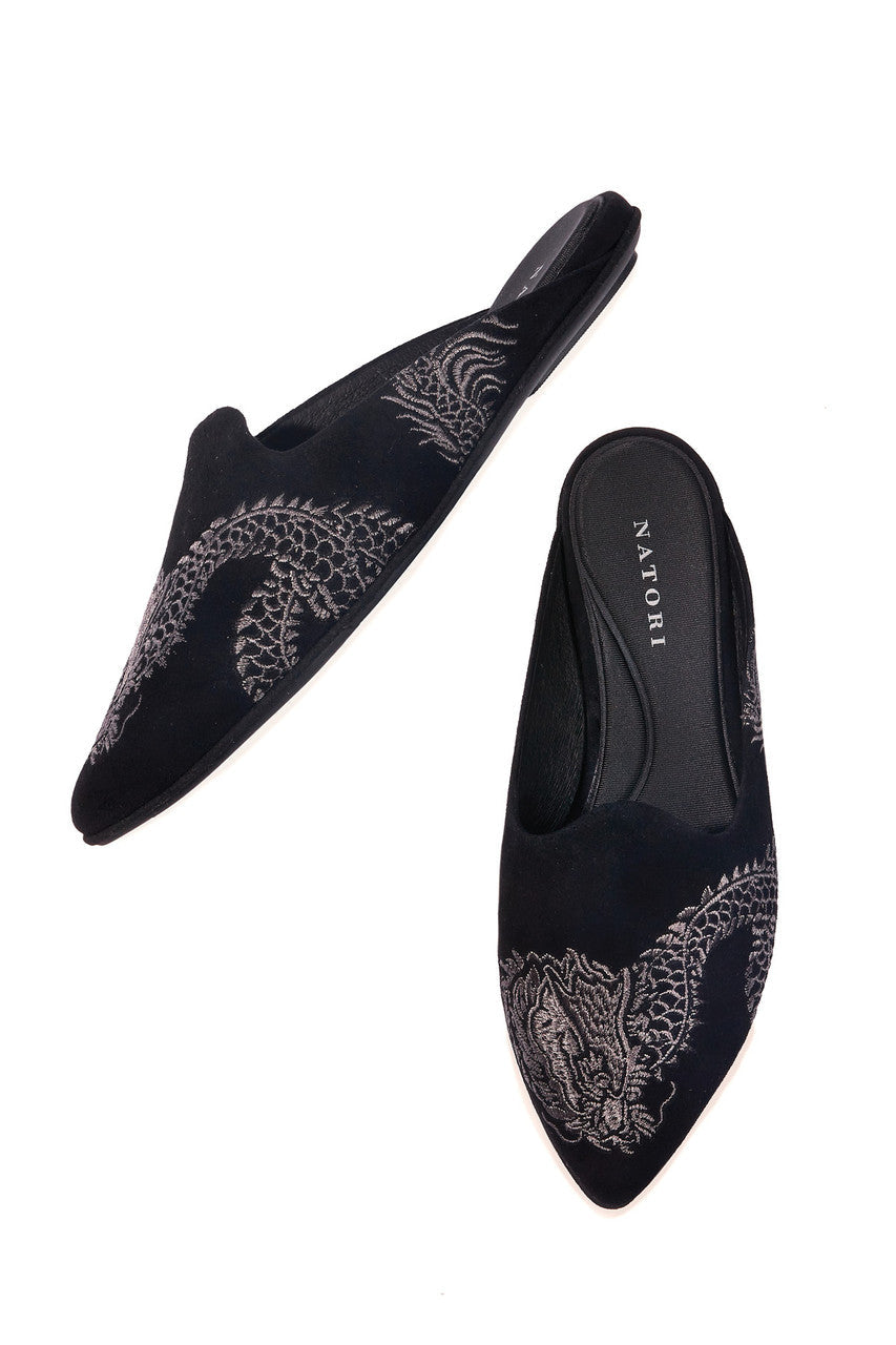 Natori Buy Image Suede Dragon Embroidery Slide in Black Suede Online