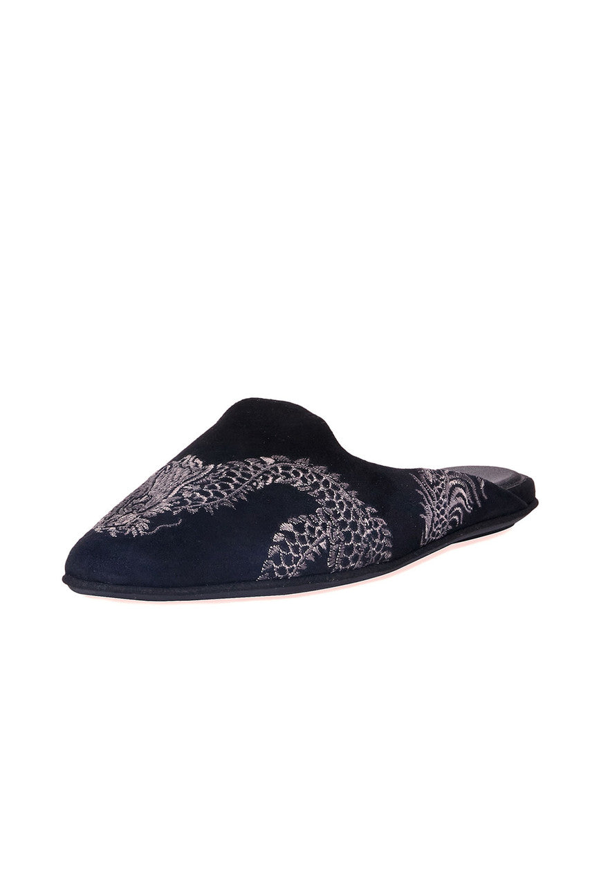 Natori Buy Image Suede Dragon Embroidery Slide in Black Suede Online