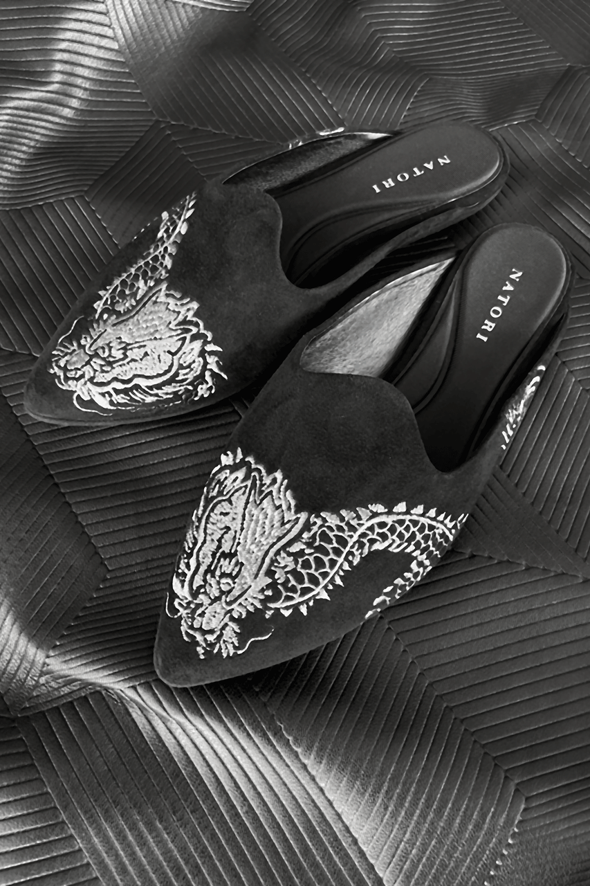 Natori Buy Image Suede Dragon Embroidery Slide in Black Suede Online