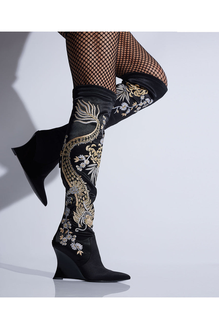 Natori Buy Natsu Satin Embroidered Dragon Stretch Over the Knee Boot in Black/Metallic Online