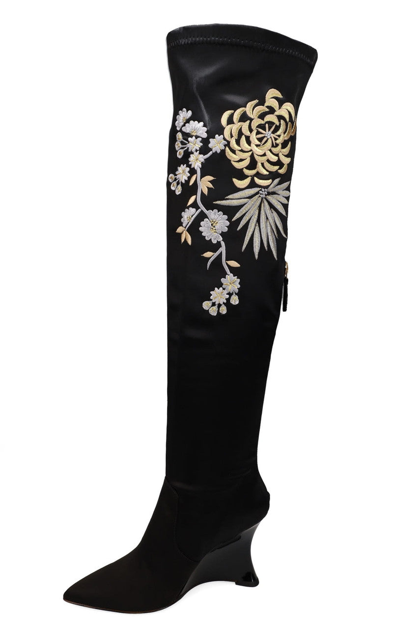 Natori Buy Natsu Satin Embroidered Dragon Stretch Over the Knee Boot in Black/Metallic Online