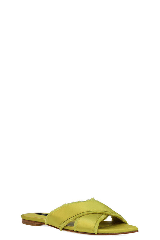 Natori Buy Wayu Satin Fringe Cross Slide Sandals in Chartreuse Online