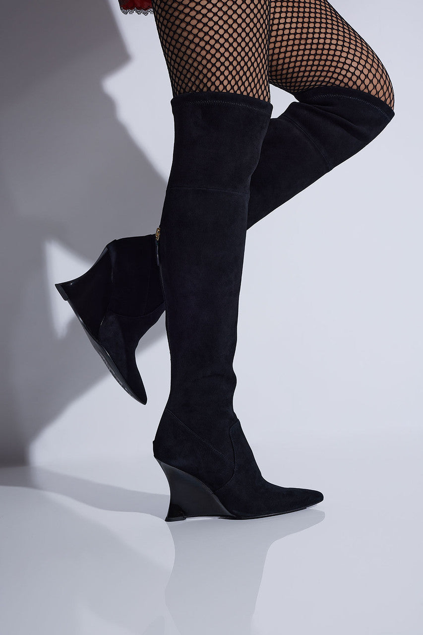 Natori Buy Natsu Stretch Suede Over the Knee Wedge Boot in Black Online