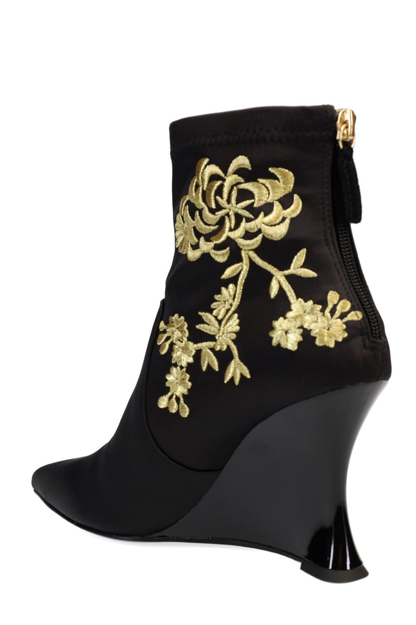 Natori Buy Neko Satin Embroidery Wedge Ankle Boot in Black/Gold Online