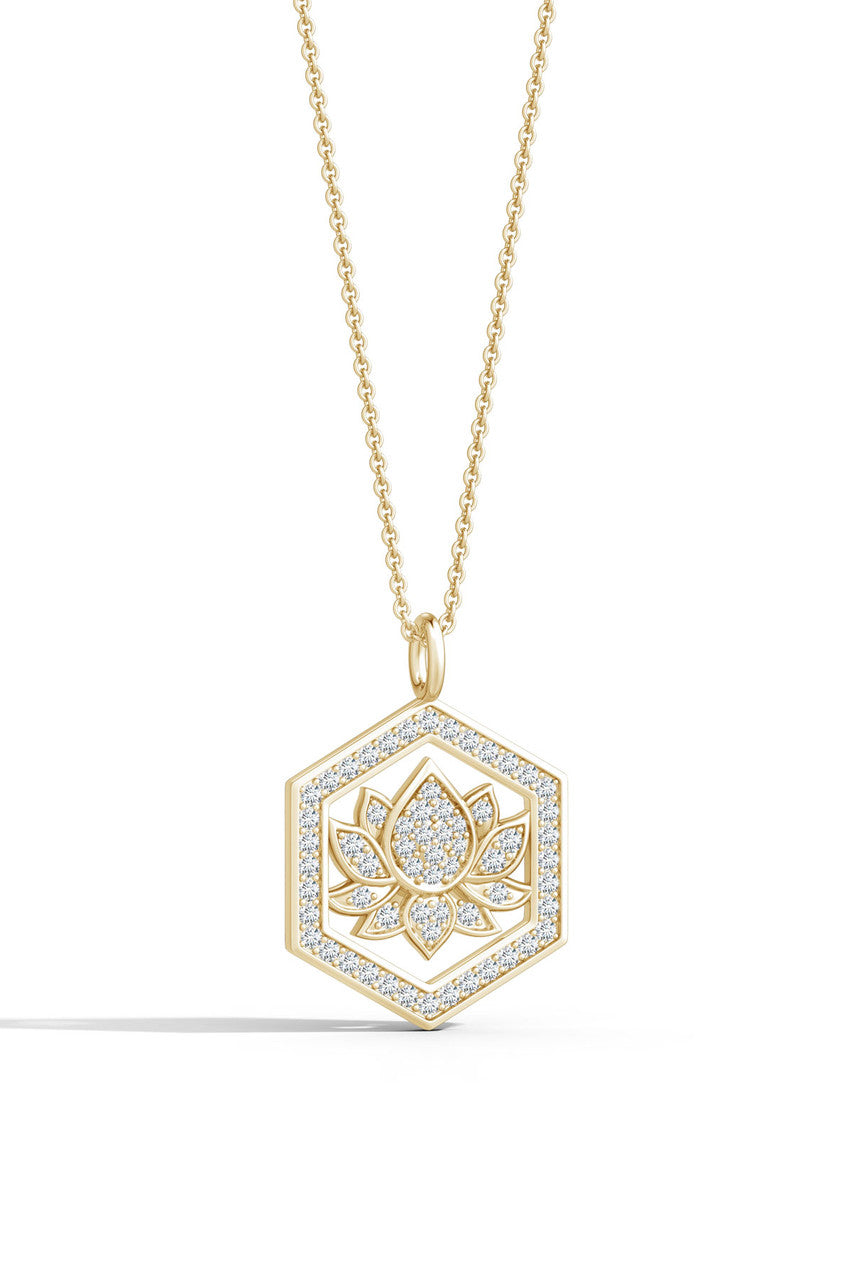 Natori Buy Indochine Spirit 14k Hexagon Frame Lotus Pave Diamond Pendant Necklace in 14K Yellow Gold Online