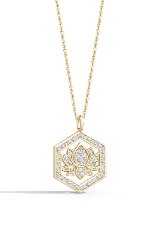 Natori Buy Indochine Spirit 14k Hexagon Frame Lotus Pave Diamond Pendant Necklace in 14K Yellow Gold Online
