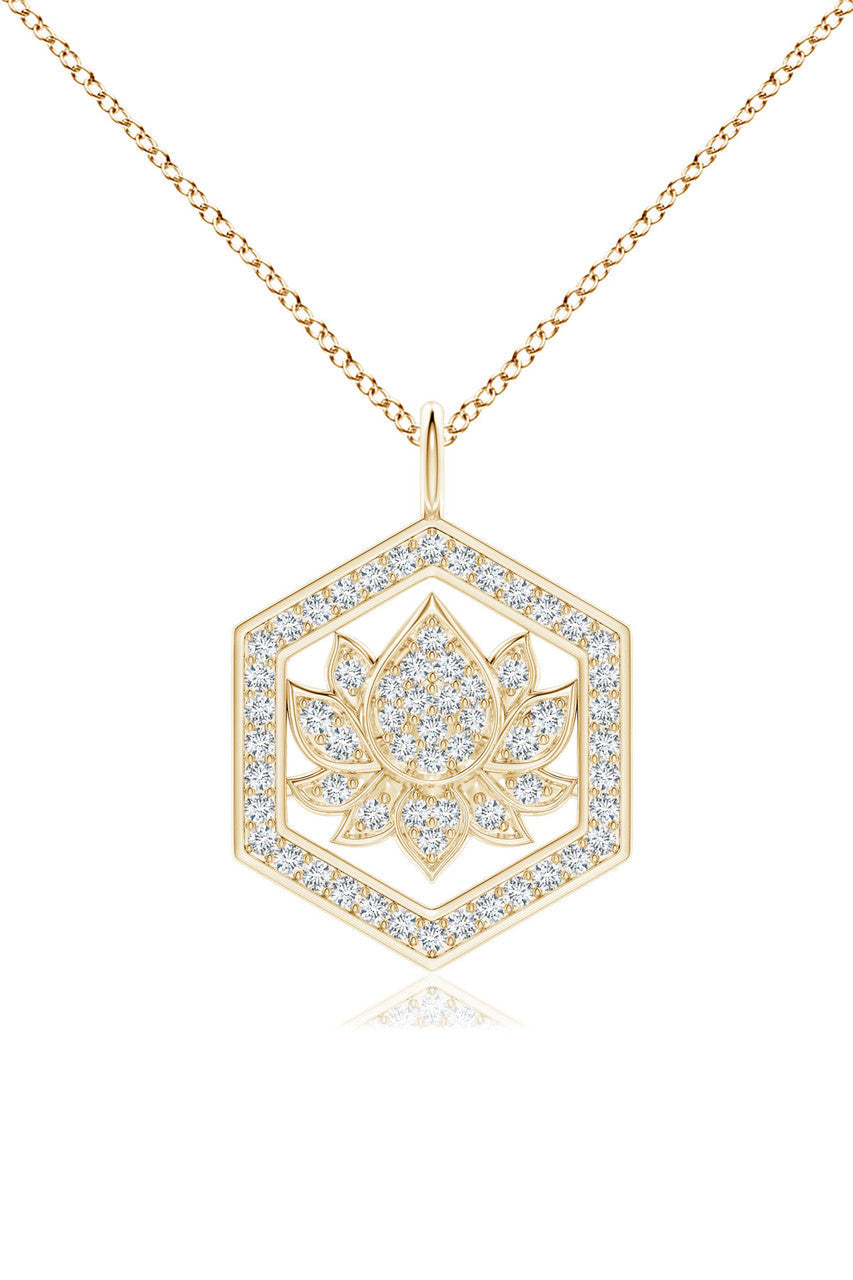 Natori Buy Indochine Spirit 14k Hexagon Frame Lotus Pave Diamond Pendant Necklace in 14K Yellow Gold Online