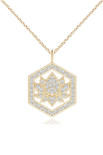 Natori Buy Indochine Spirit 14k Hexagon Frame Lotus Pave Diamond Pendant Necklace in 14K Yellow Gold Online