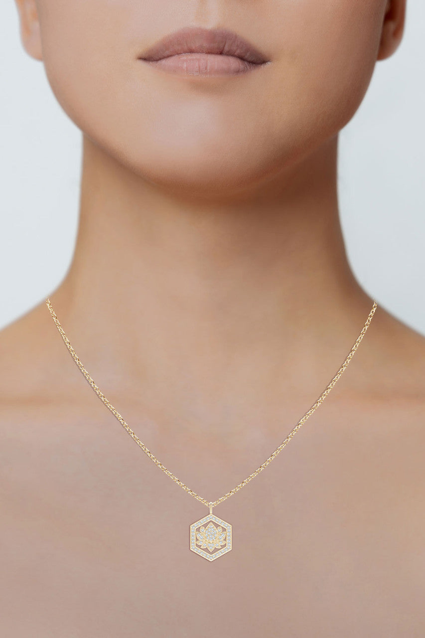 Natori Buy Indochine Spirit 14k Hexagon Frame Lotus Pave Diamond Pendant Necklace in 14K Yellow Gold Online