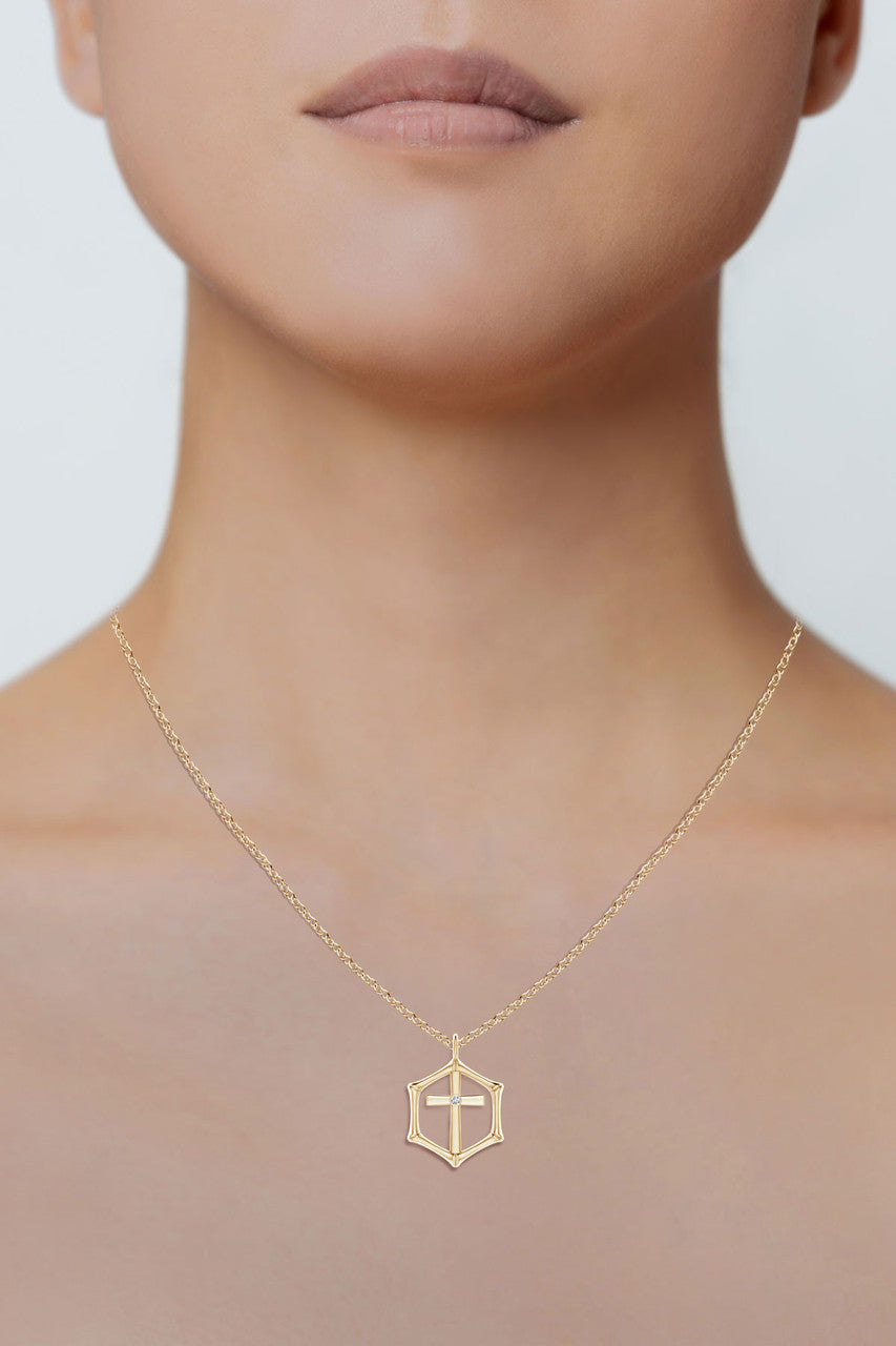 Natori Buy Indochine Spirit 14k Bamboo Frame Cross Diamond Pendant Necklace in 14K Yellow Gold Online