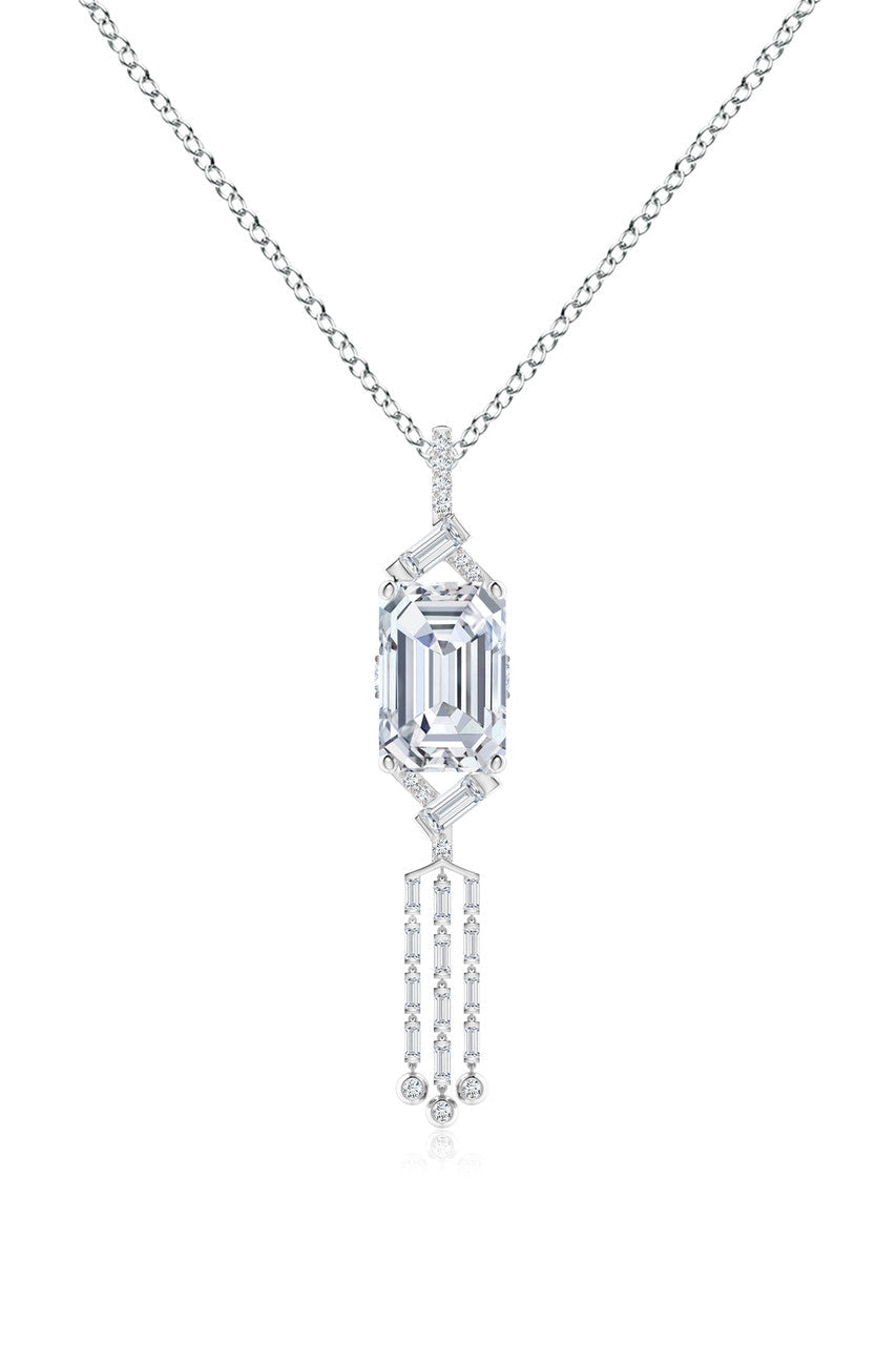 Natori Buy Orient Express Lab-Grown 14K Gold Emerald Cut & Baguette Diamond Tassel Drop Pendant Necklace in 14K White Gold Online