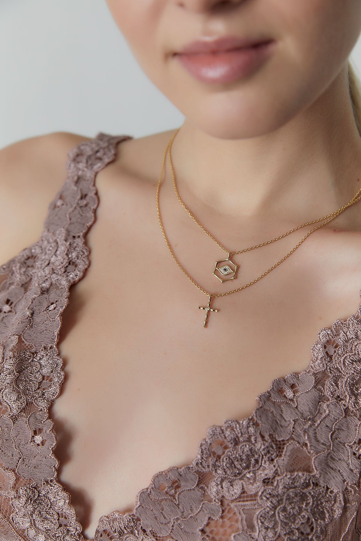 Natori Buy Indochine Spirit 14k Evil Eye Bamboo Hexagon Frame Diamond Necklace in 14K Yellow Gold Online