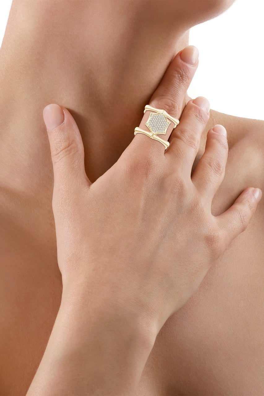 Natori Buy Indochine 14k Pave Diamond Hexagon Center Double Bamboo Band Cocktail Ring in 14K Yellow Gold Online