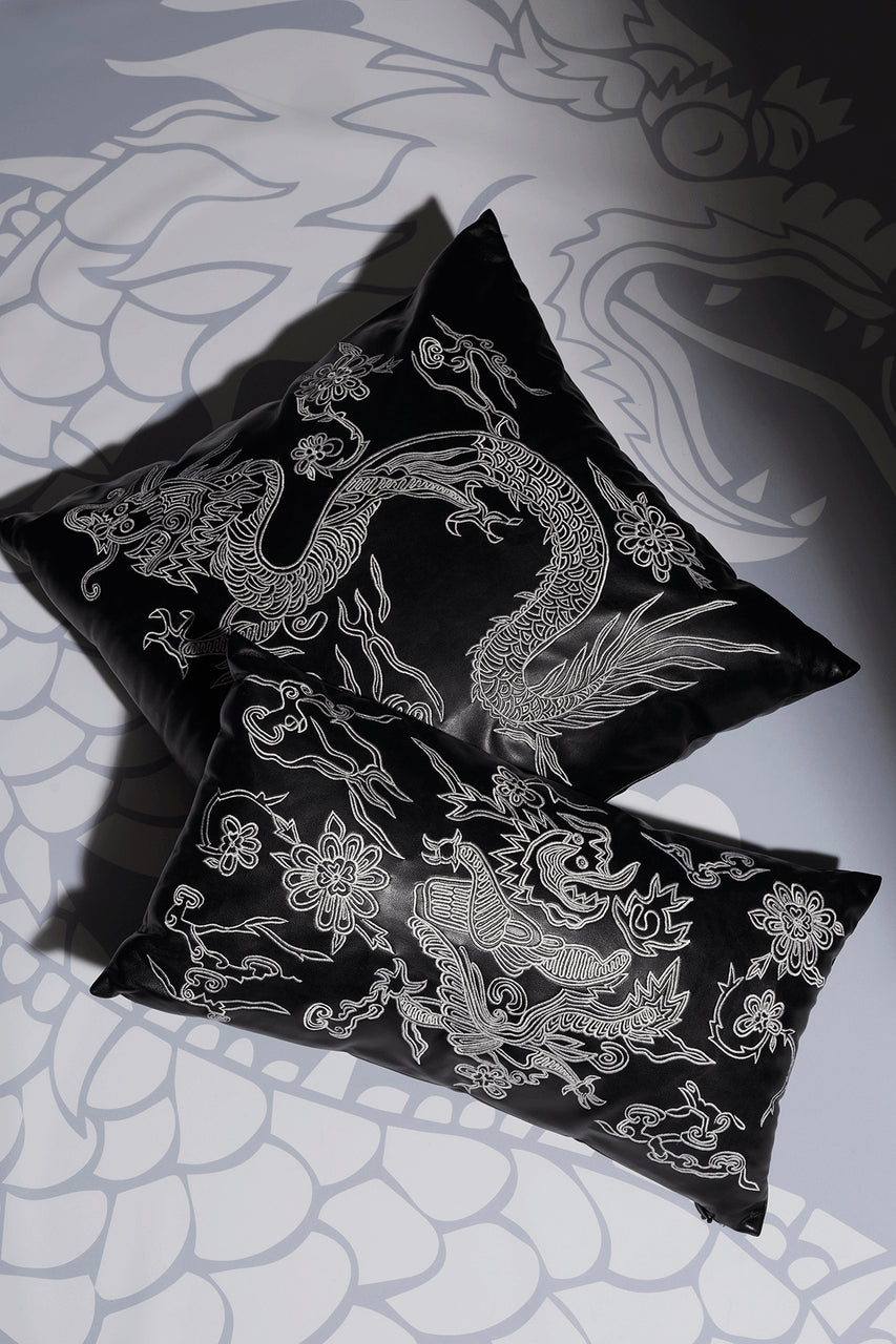 Natori Buy Vegan Luxe Leather Mandarin Embroidered Dragon Oblong Pillow in Black Online