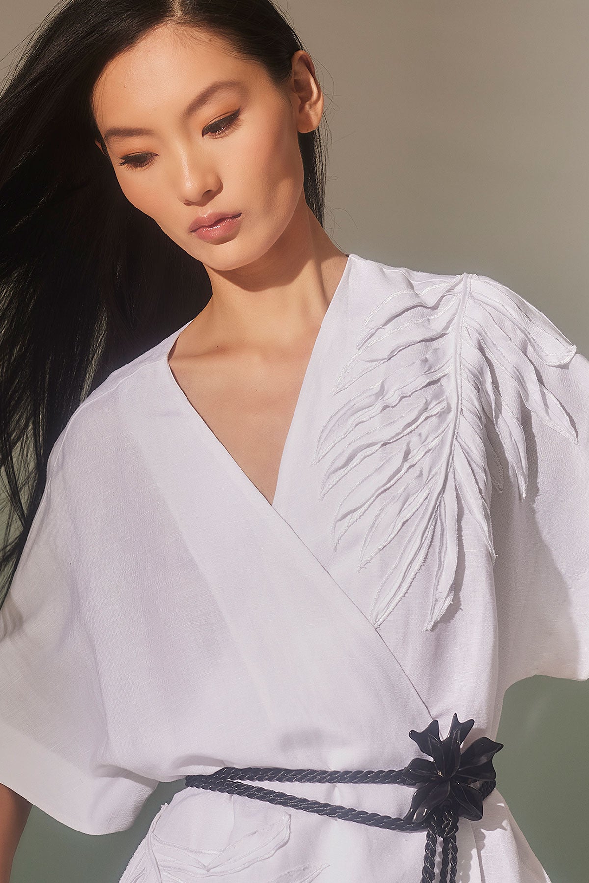 Natori Light Weight Linen Embroidered Kimono Wrap Dress