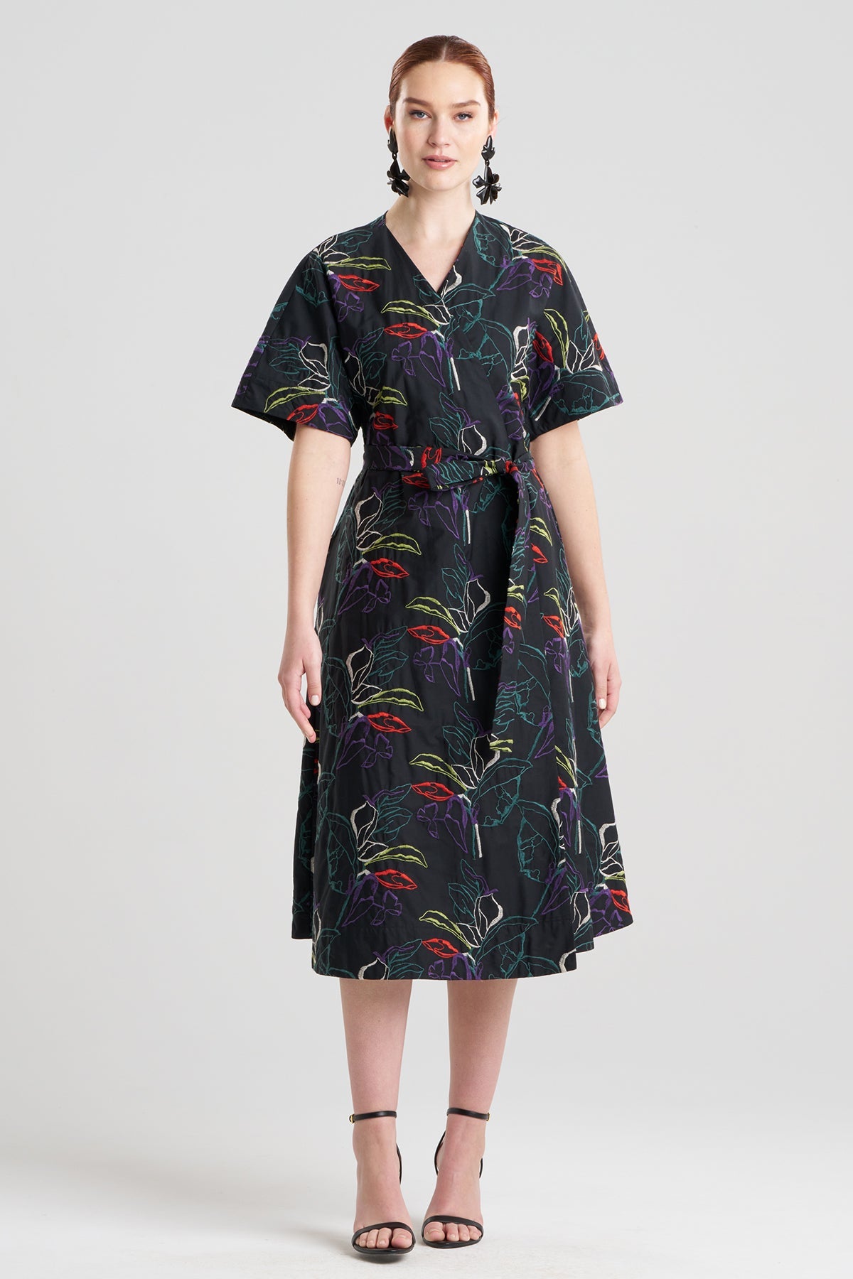 Natori Yoru Embroidered Cotton Poplin Kimono Wrap Dress