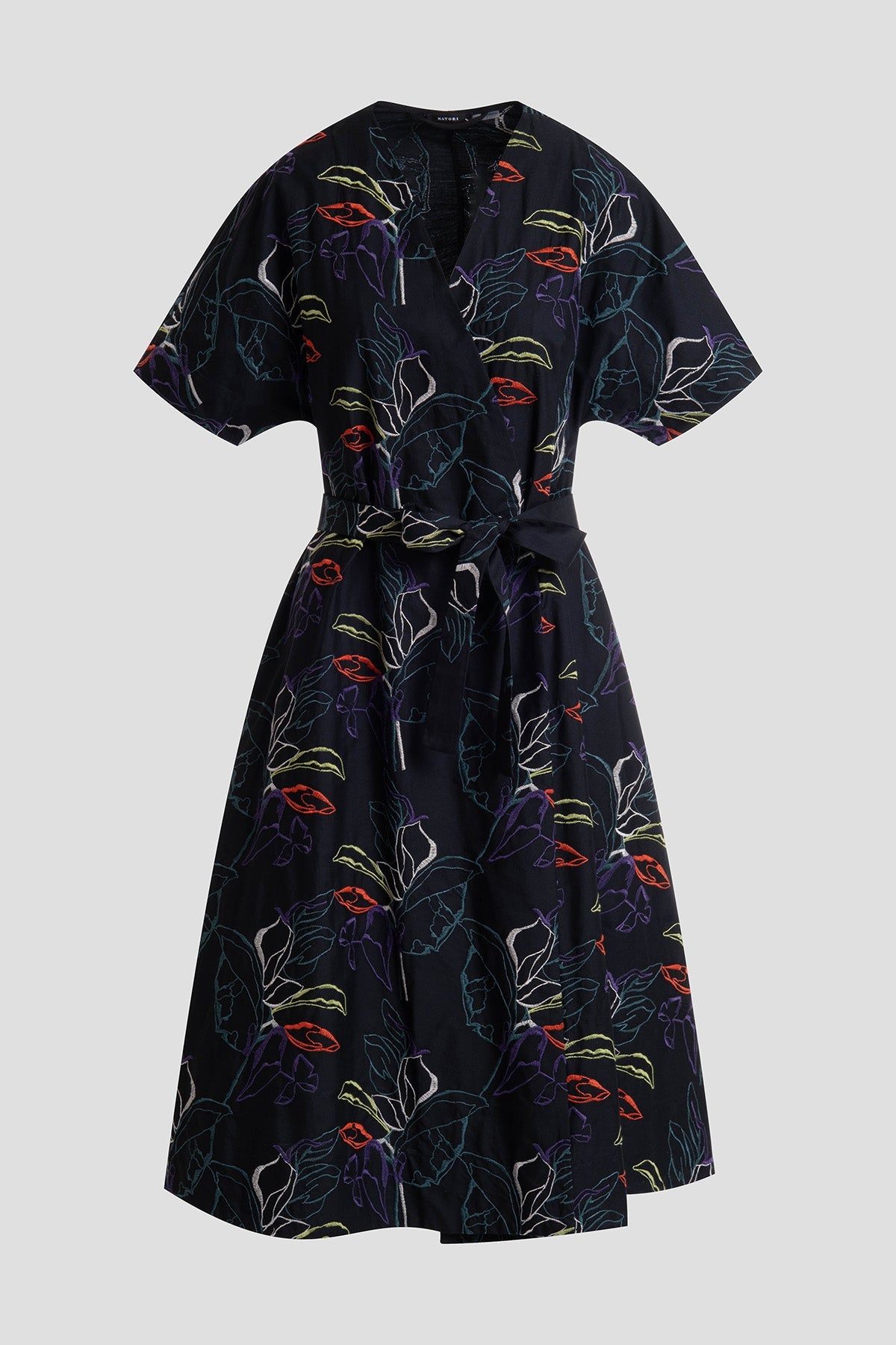 Natori Yoru Embroidered Cotton Poplin Kimono Wrap Dress