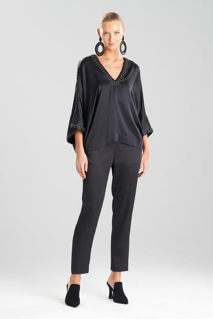 Natori Buy Key Essentials Silk Embroidered Kimono Sleeve Top in Black Online