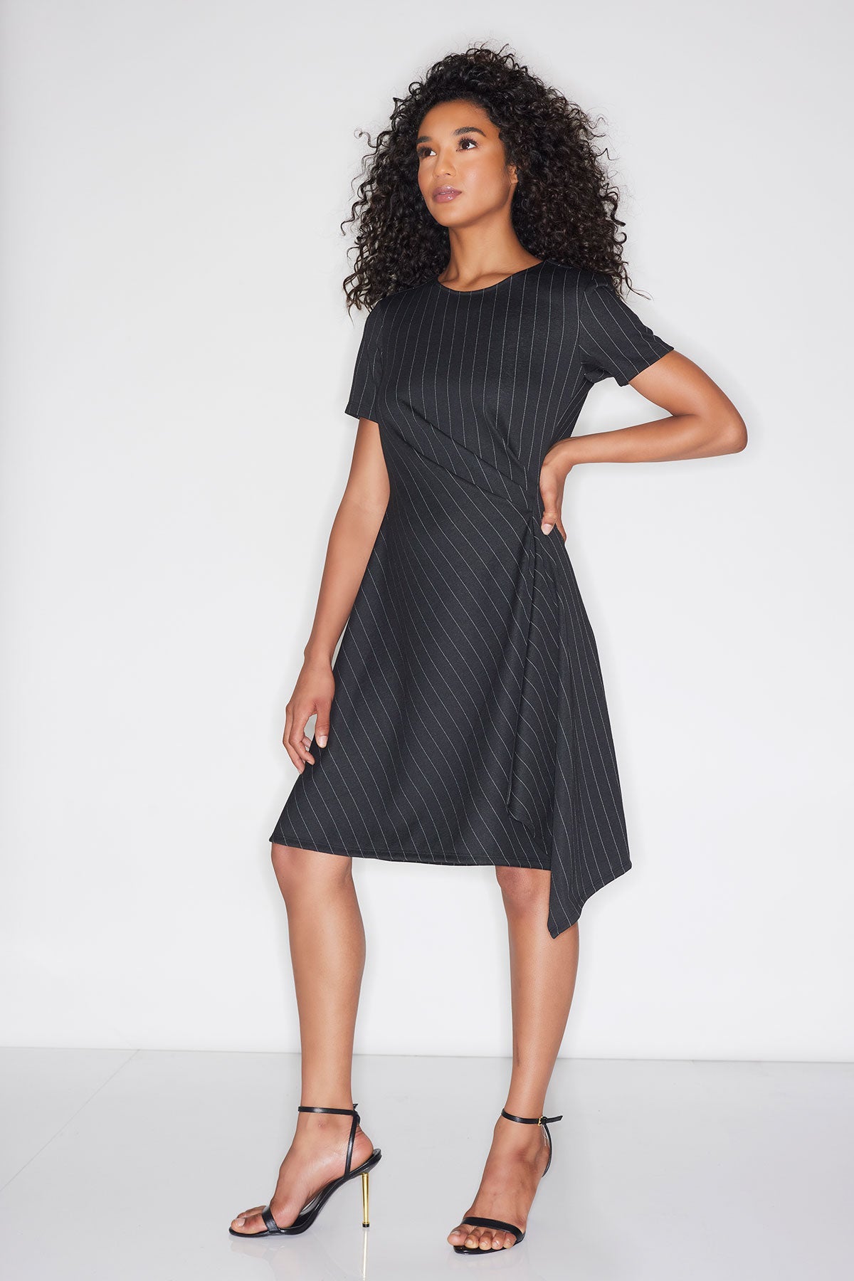 Natori Pinstripe Knit Side Drape Dress