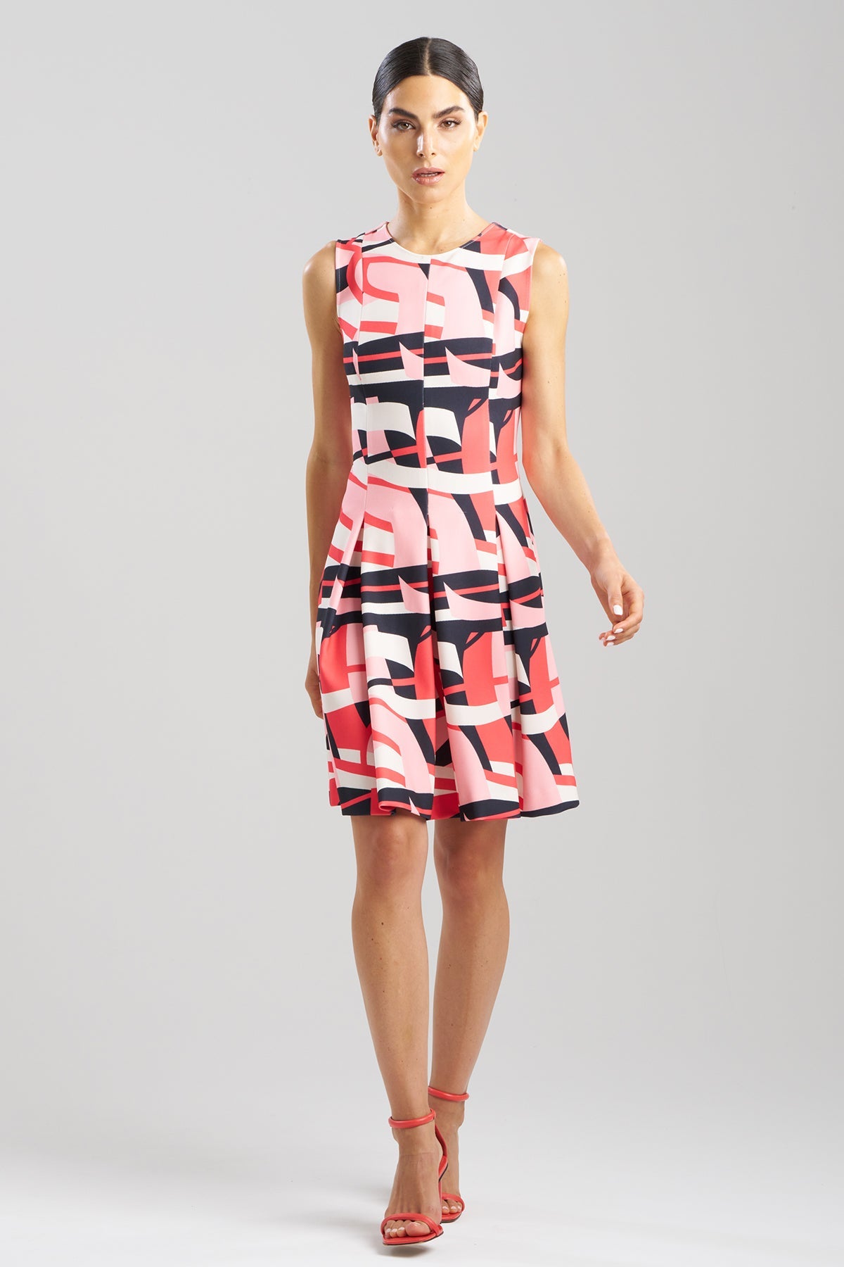 Natori Abstract Lines Sleeveless Pleated Dress